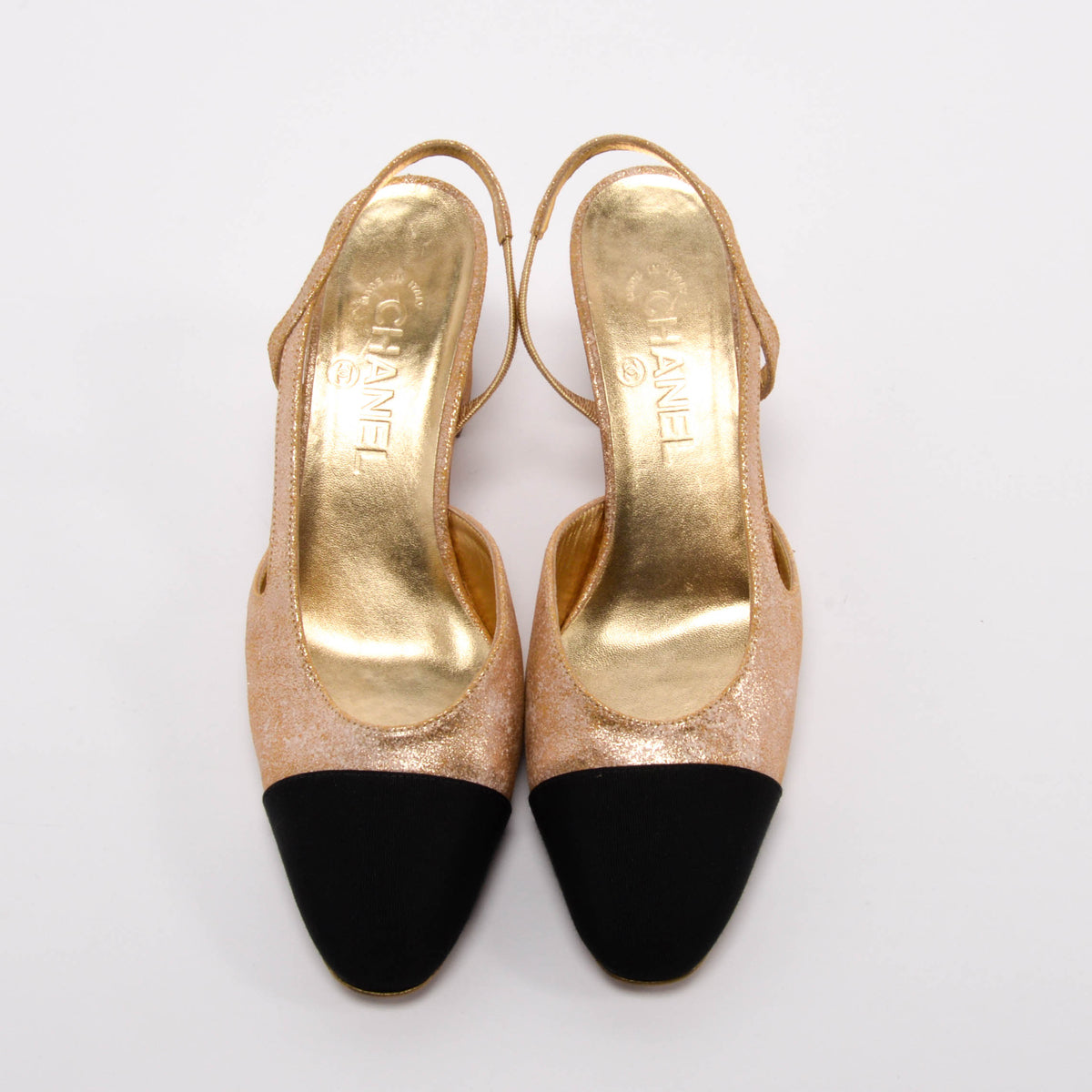 Chanel Gold & Black Calfskin Cap Toe Slingbacks 38.5