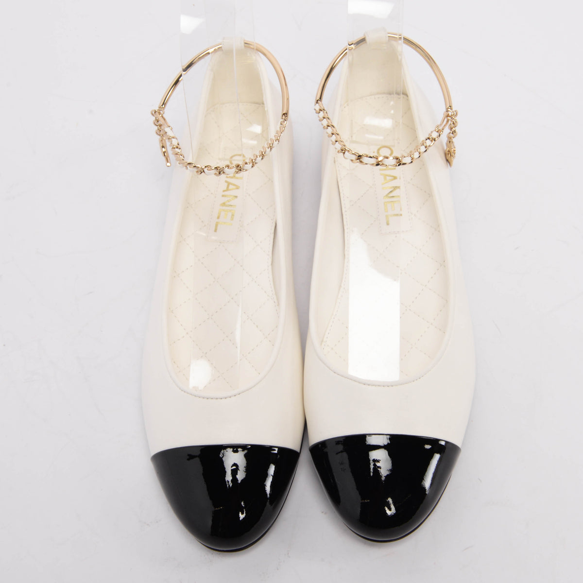 Chanel White Patent Ankle Chain Ballerina Flats 41.5