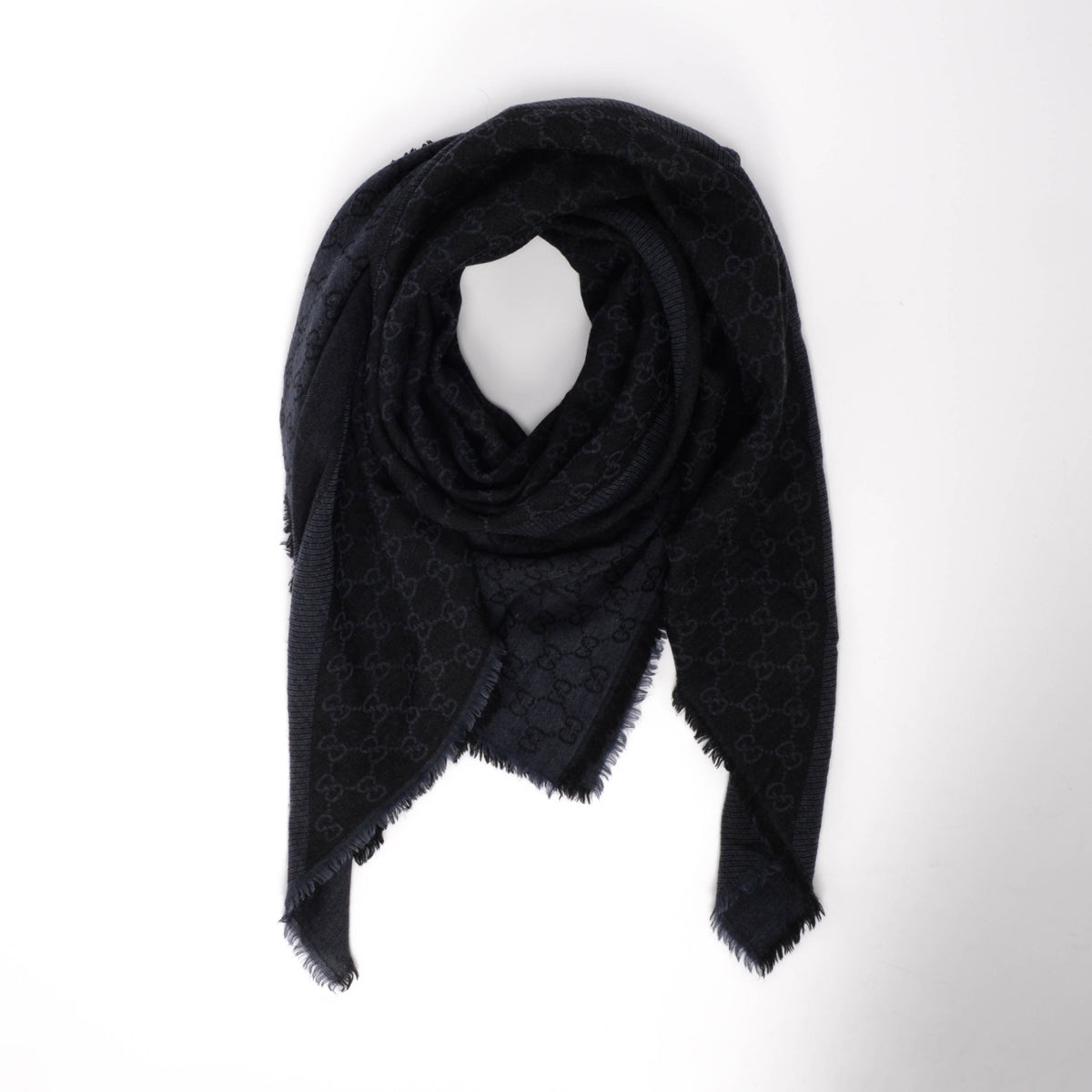 Gucci Navy & Black Wool Split GG Fringed Shawl