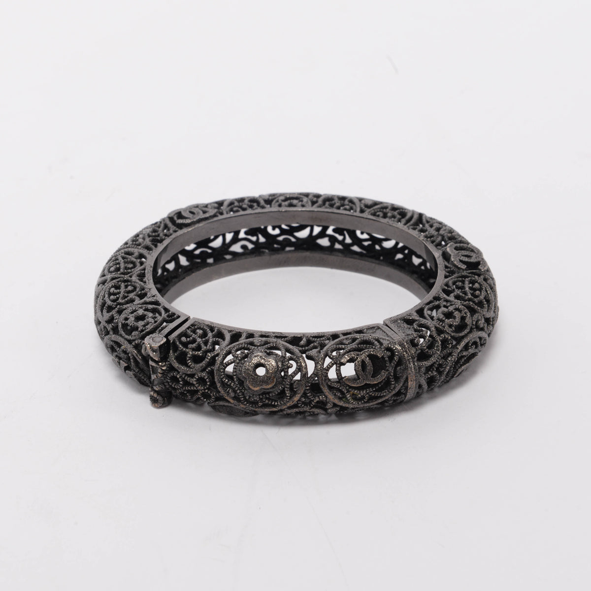 Chanel Blackened Metal Filigree Hinged Bracelet