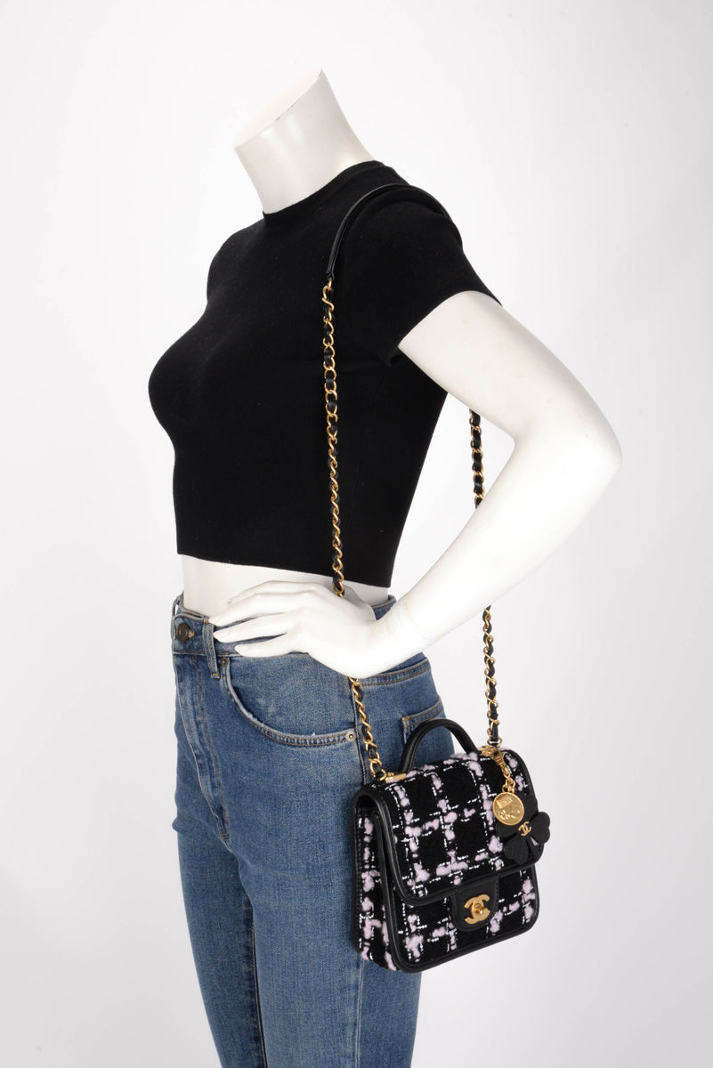 Chanel Black & Pink Tweed Mini Flap Bag with Handle