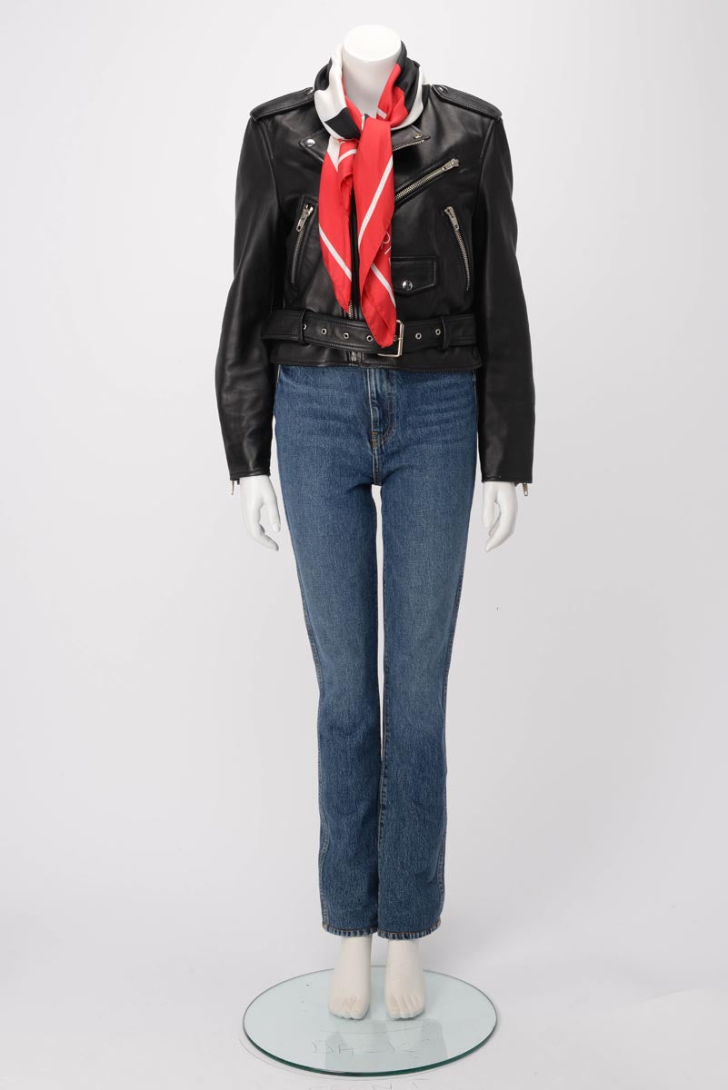 Balenciaga Black Lambskin Detachable Scarf Biker Jacket FR 40