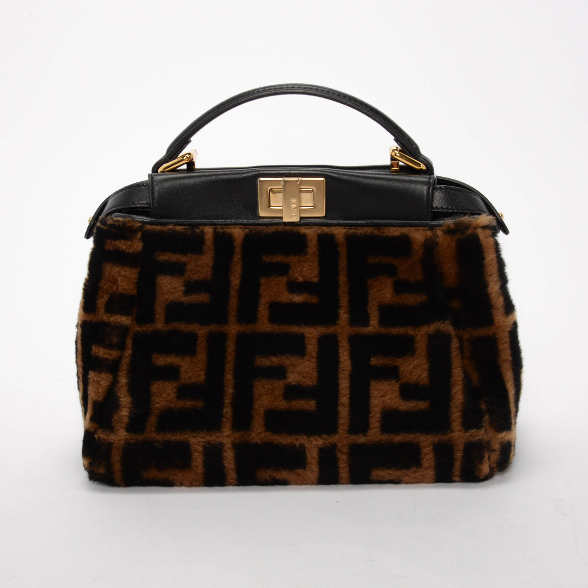 Fendi Tobacco & Black FF Shearling & Nappa Mini Peekaboo Bag