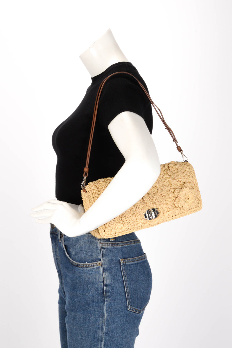 Miu Miu Beige Raffia Crystal Shoulder Bag