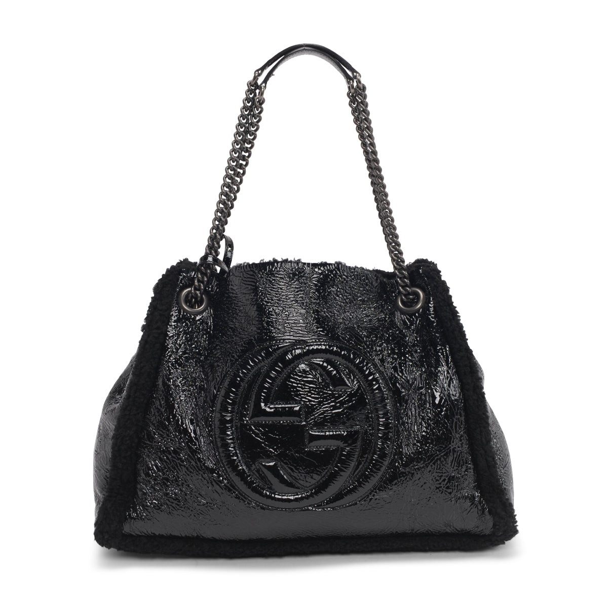 Gucci Black Patent Shearling Soho Chain Shoulder Bag