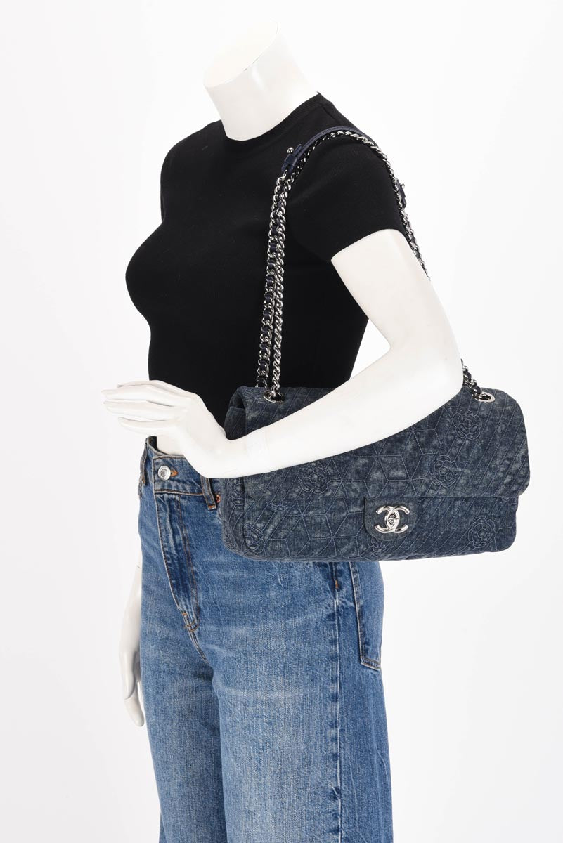 Chanel Dark Blue Denim Camellia Embroidered Large Flap Bag
