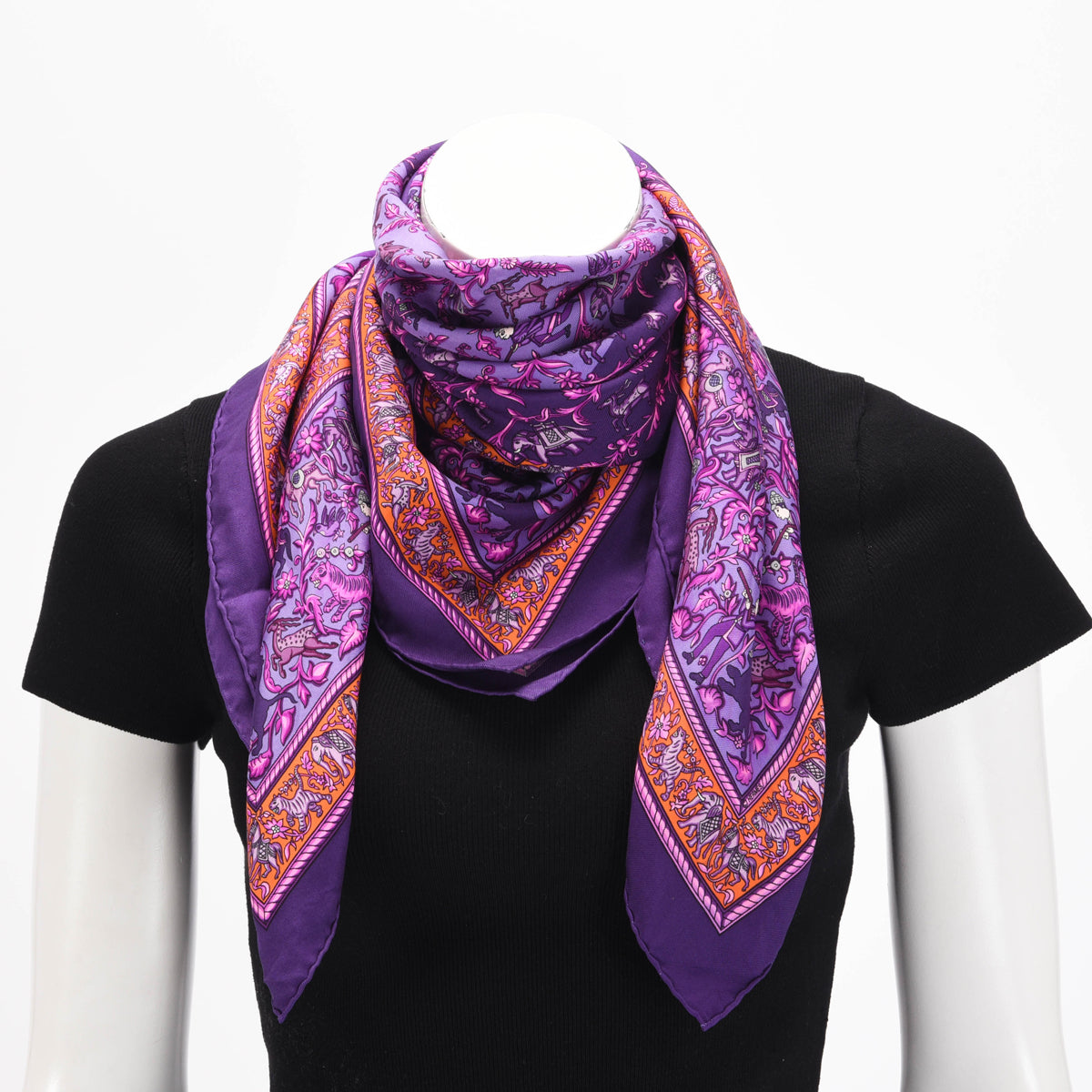 Hermes Violet Silk Chasse En Inde Scarf
