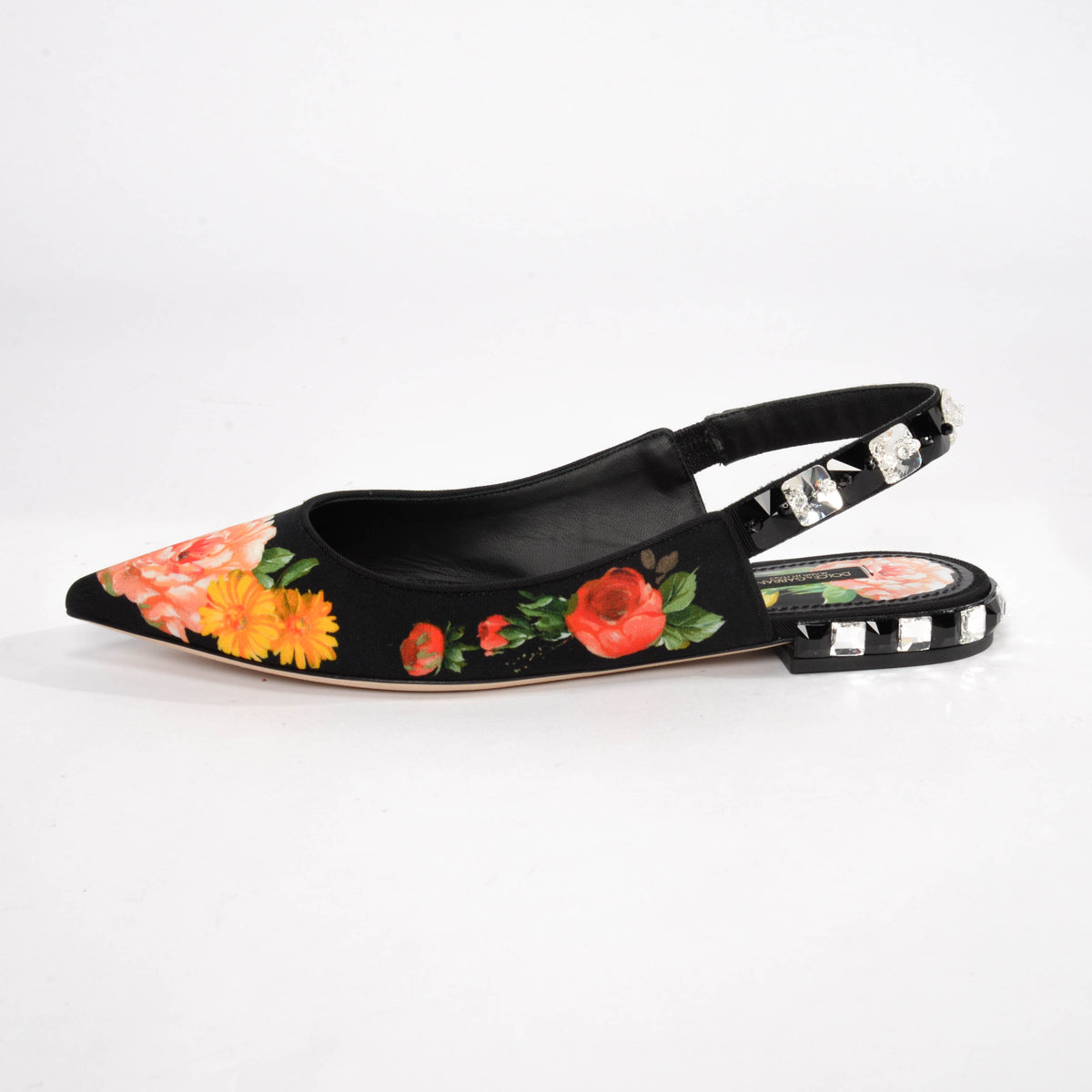 Dolce & Gabbana Black Floral Print Crystal Slingbacks 39