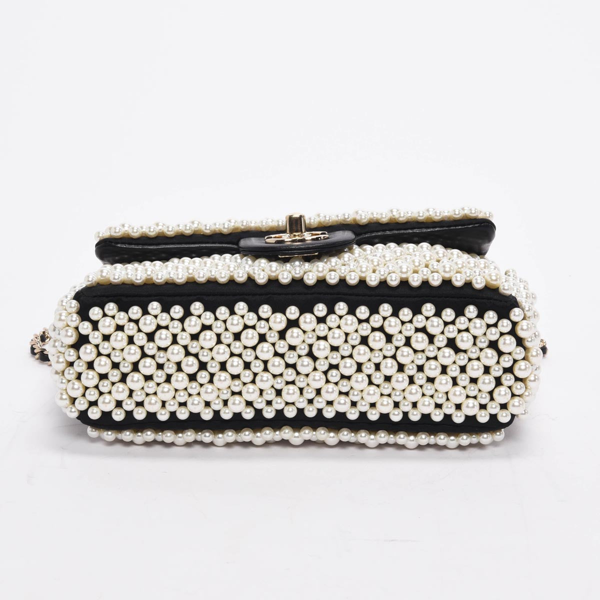 Chanel Black Satin & Lambskin Pearl On Flap Bag
