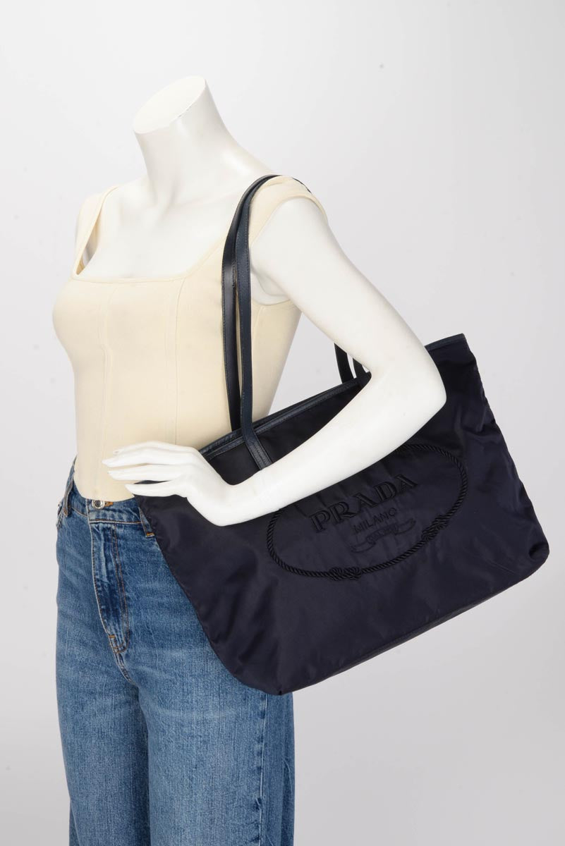 Prada Navy Re-Nylon Embroidered Logo Tote
