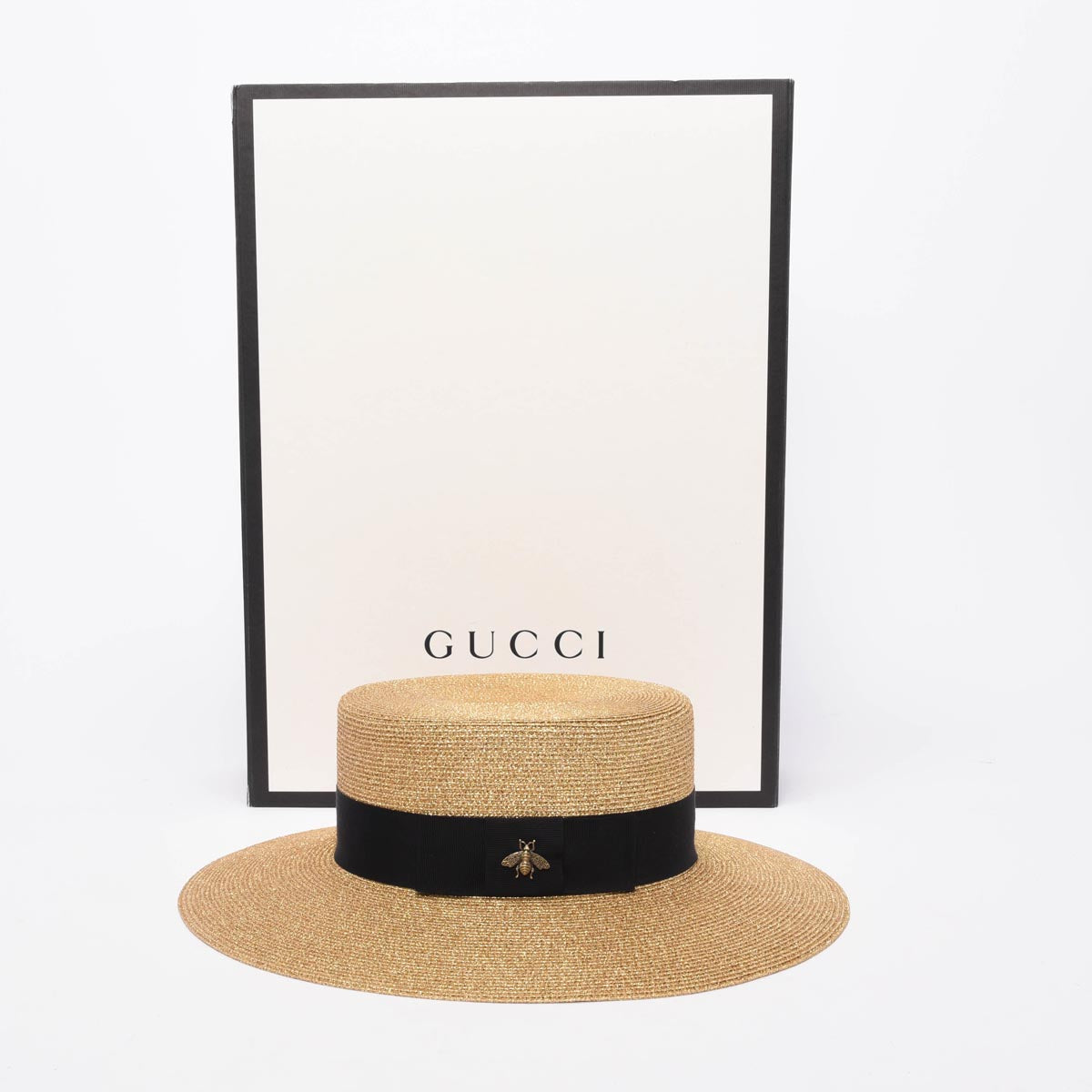 Gucci Gold Straw Bee Embellished Boater Hat