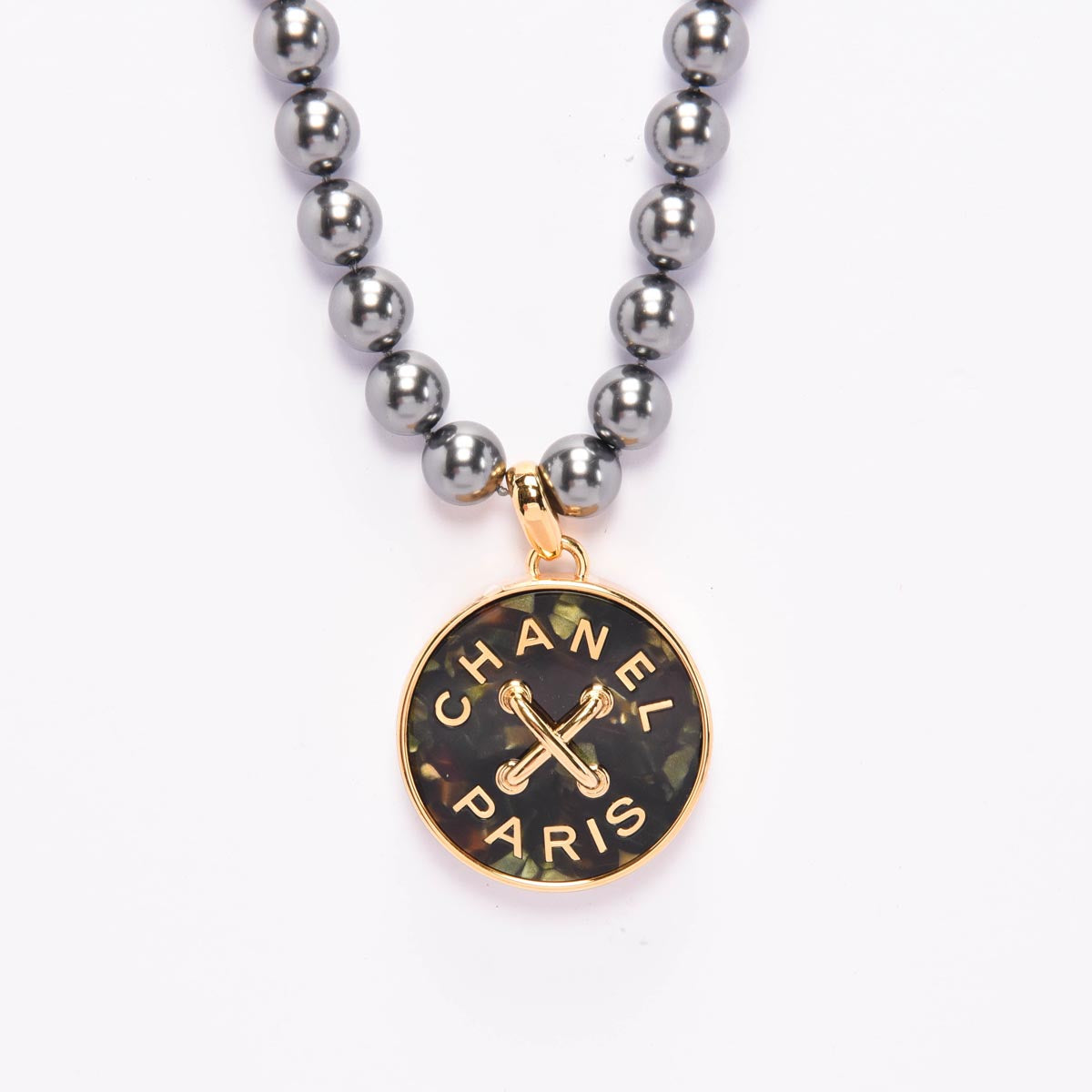 Chanel Charcoal Pearl & Resin CC Pendant Necklace with Lariat