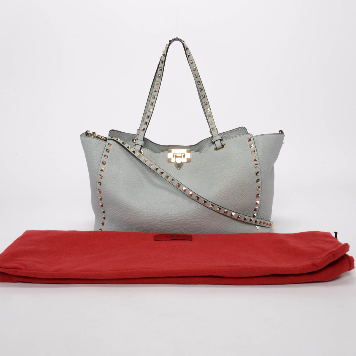Valentino Pale Blue Grained Calfskin Medium Rockstud Trapeze Tote