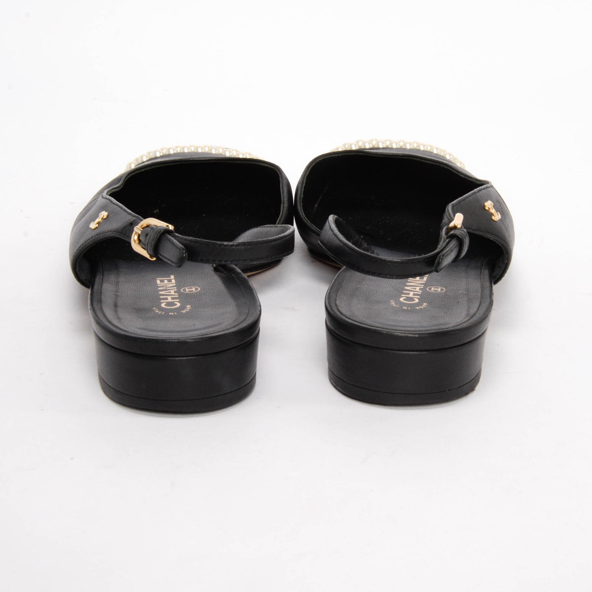 Chanel Black Lambskin Pearl Cap Toe CC Slingback Flats 40