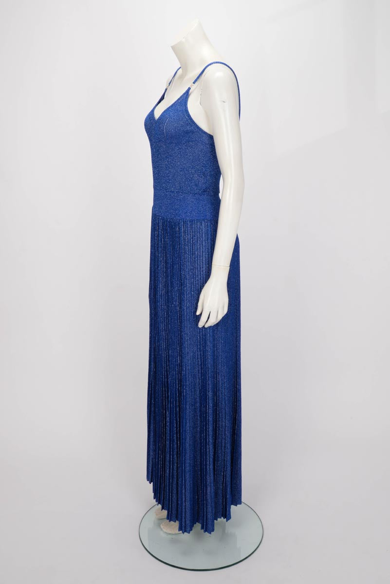 Chanel Blue Lurex Knit Pleated CC Maxi Dress FR 42
