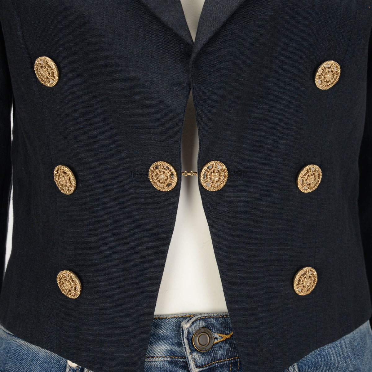 Chanel Navy Linen Cropped Military Jacket FR 38