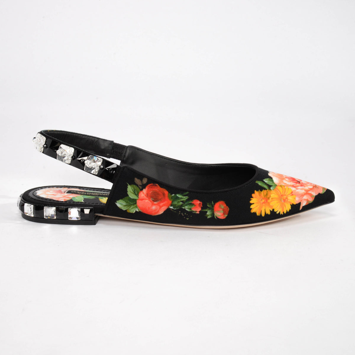 Dolce & Gabbana Black Floral Print Crystal Slingbacks 39