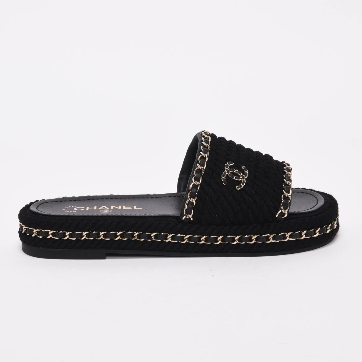 Chanel Black Braided Rope CC Platform Slides 38