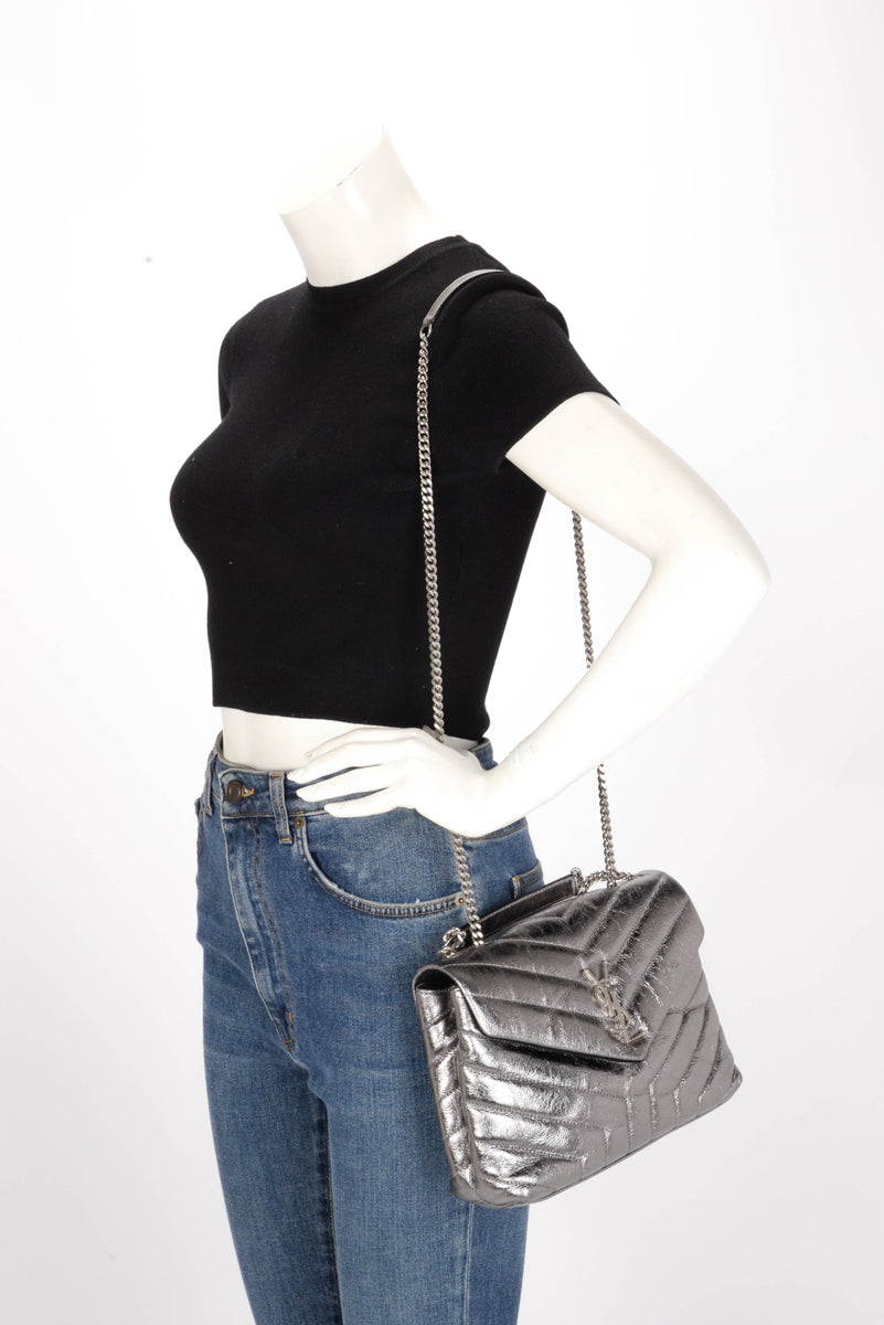 Saint Laurent Silver Metallic Chevron Small Lou Lou Bag