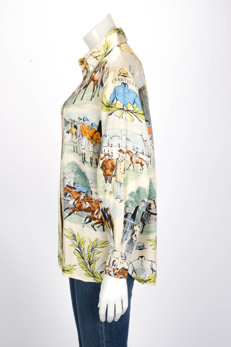Hermes Ivory Silk Champs de Courses Chantilly Shirt FR 40