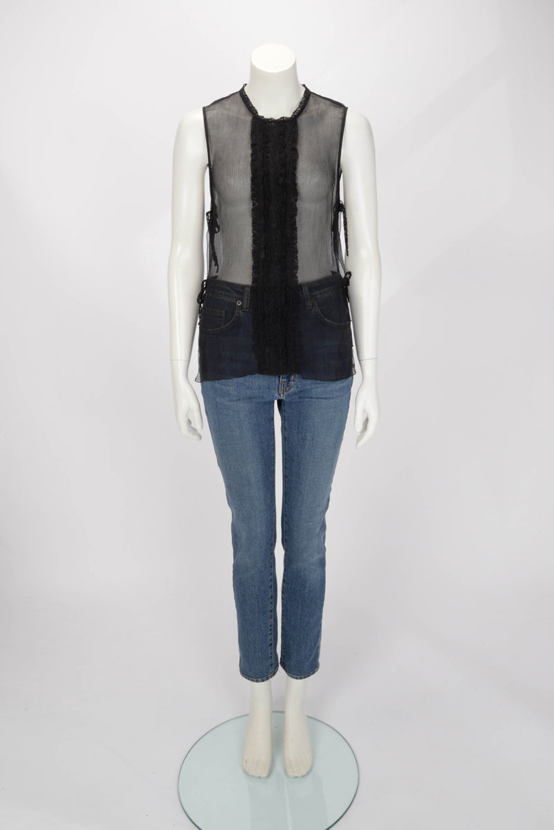 Chanel Black Silk & Lace Tie Side Sleeveless Blouse FR 42