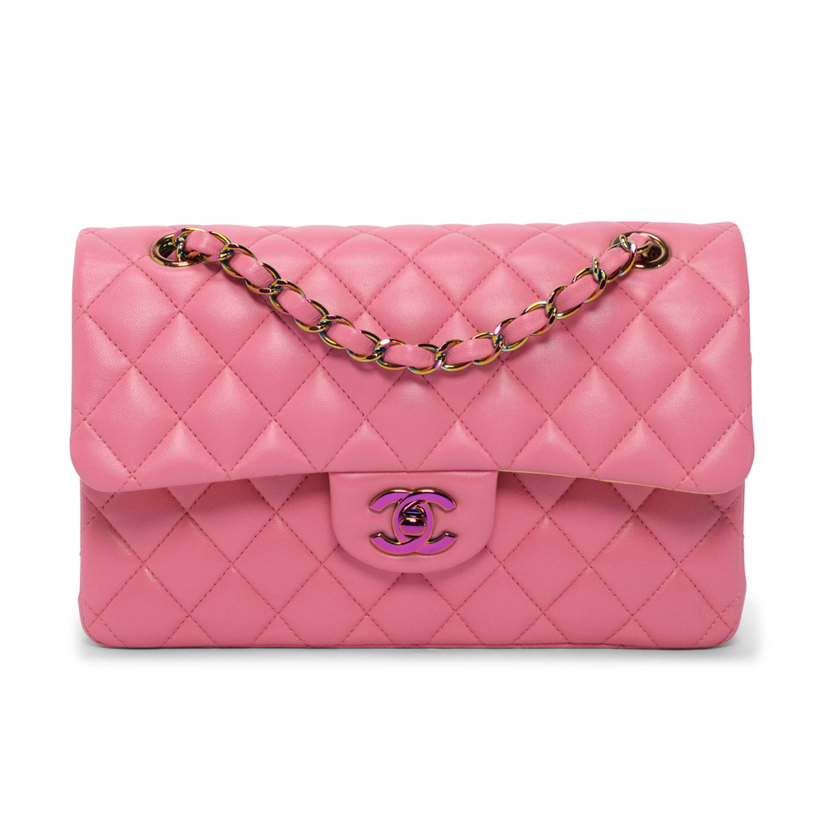 Chanel Pink Yellow Quilted Lambskin Small Classic Flap Bag