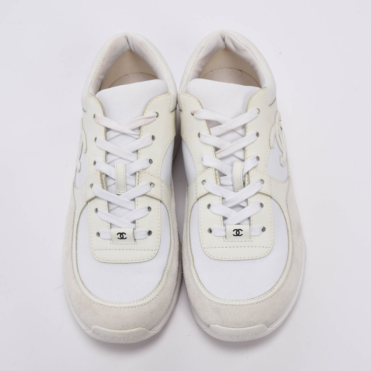 Chanel White Nylon & Suede CC Low Top Sneakers 40.5