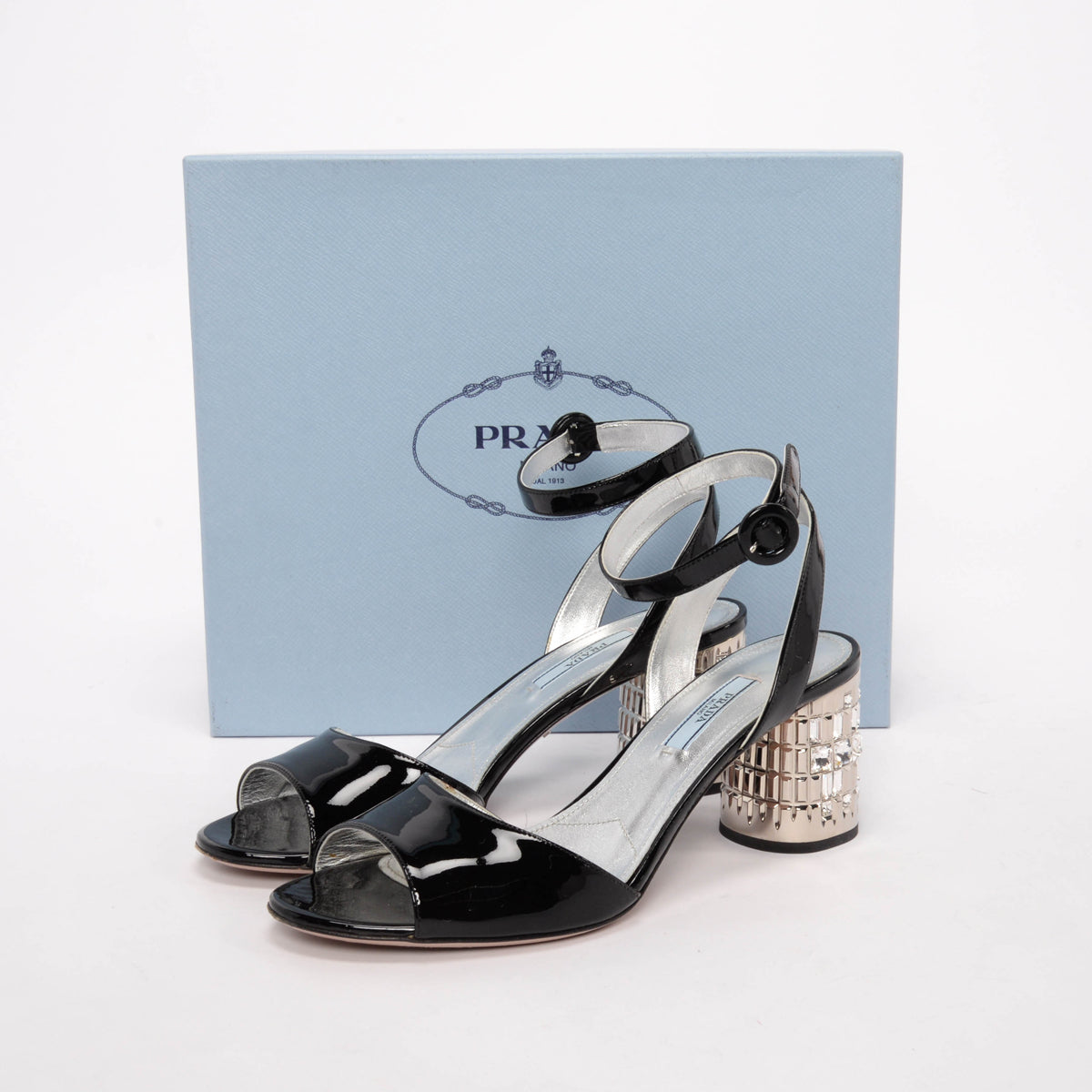 Prada Black Patent Crystal Heel Sandals 38.5