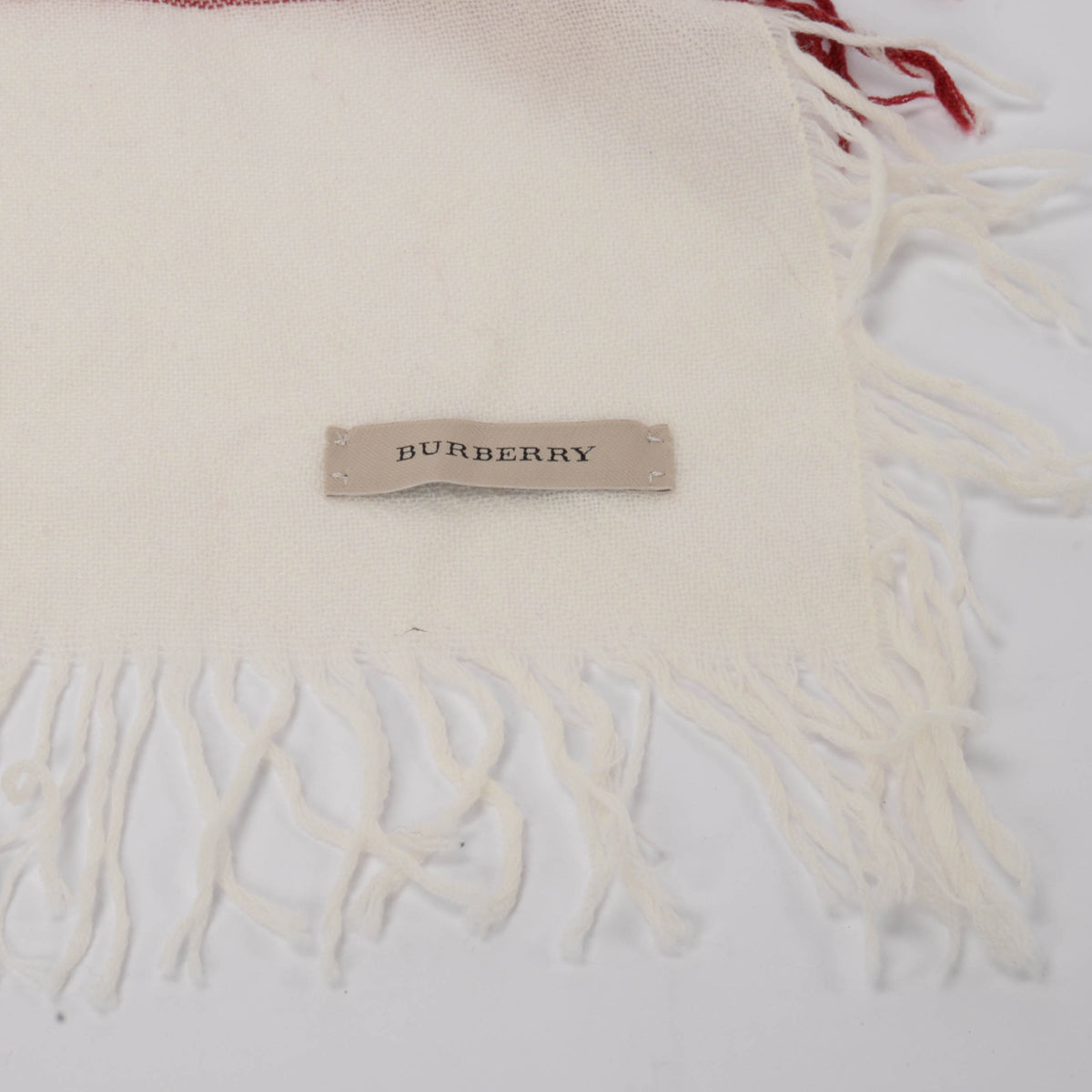 Burberry White Wool Crepe Check Fringed Scarf