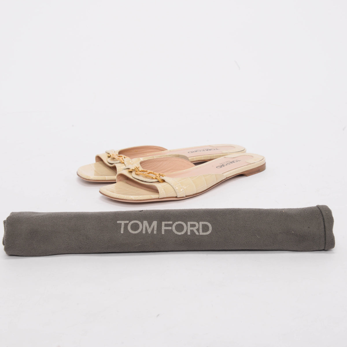 Tom Ford Beige Patent Croc Open Toe Flats 39