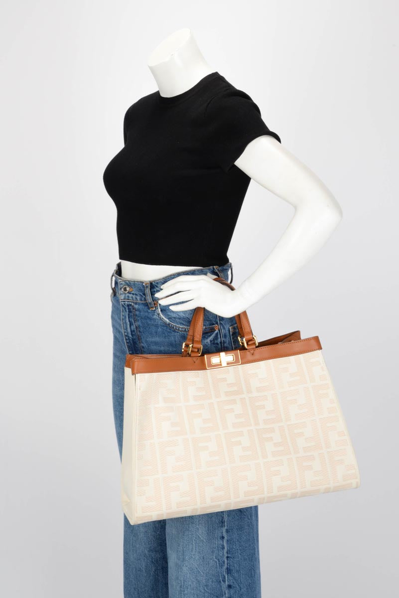 Fendi Cream FF Embroidered Canvas Medium Peekaboo X-Tote Tote