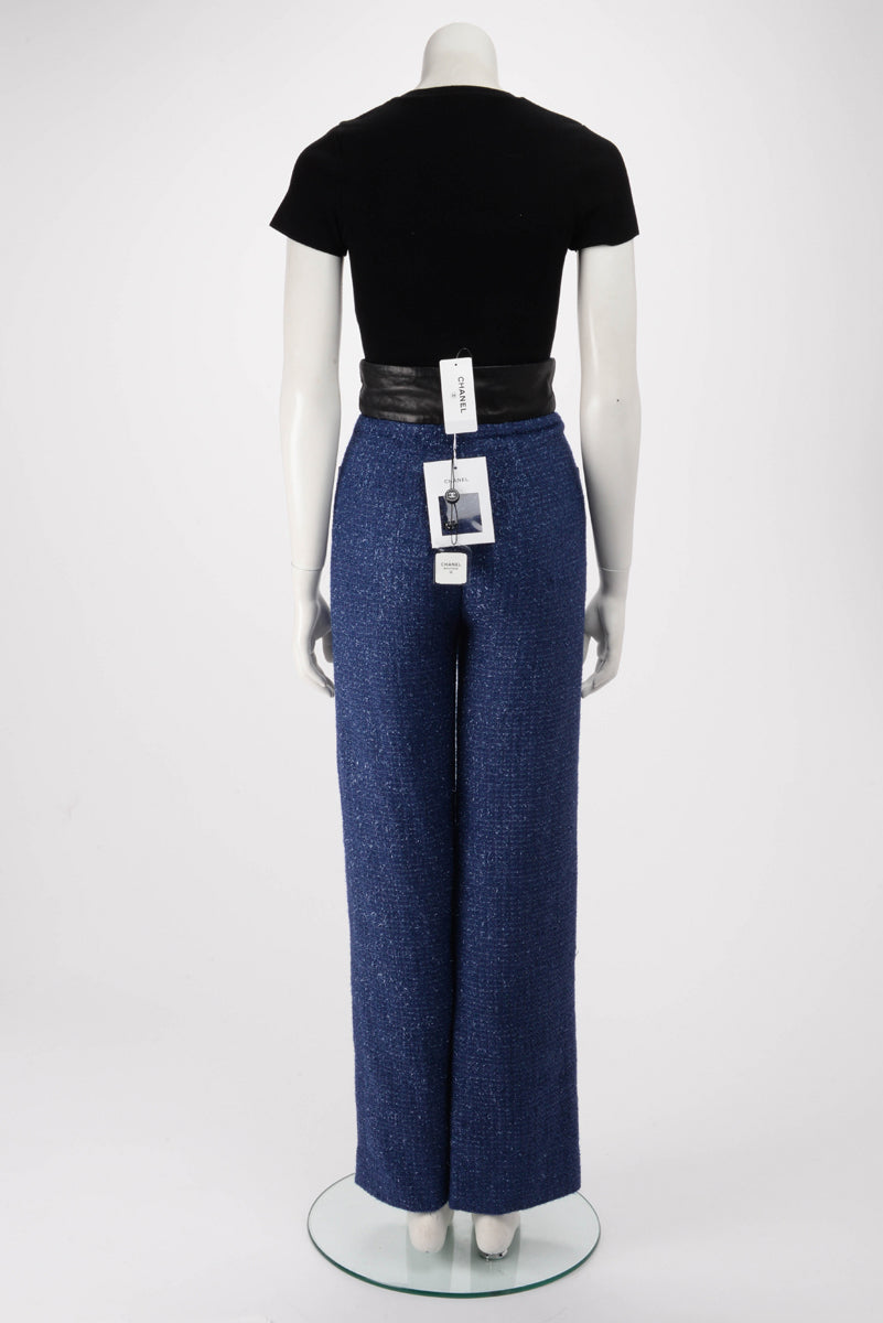 Chanel Blue Glitter Tweed & Leather Wide Leg Pants FR 34