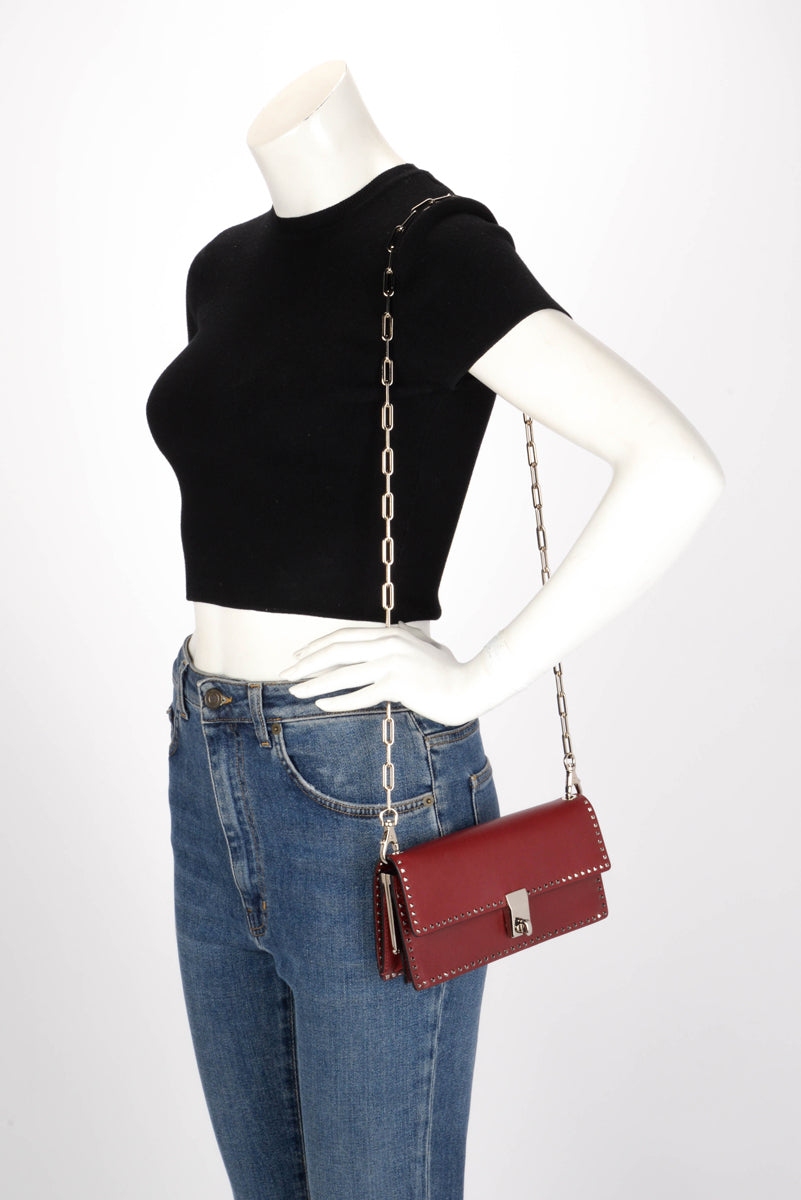 Valentino Burgundy Calfskin Mini Rockstud Chain Clutch
