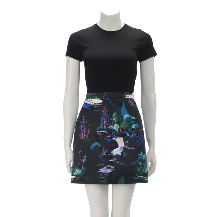 Balenciaga Black & Blue Cotton Forest Print Mini Skirt FR 40