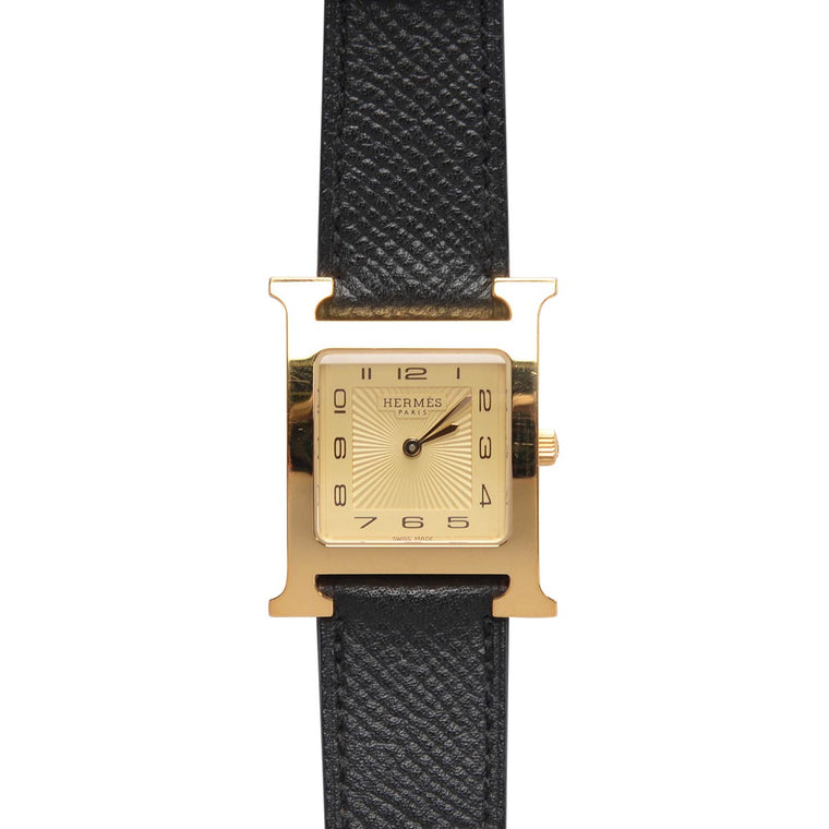 Hermes Black Epsom Gold Plated Heure H Medium Model Watch