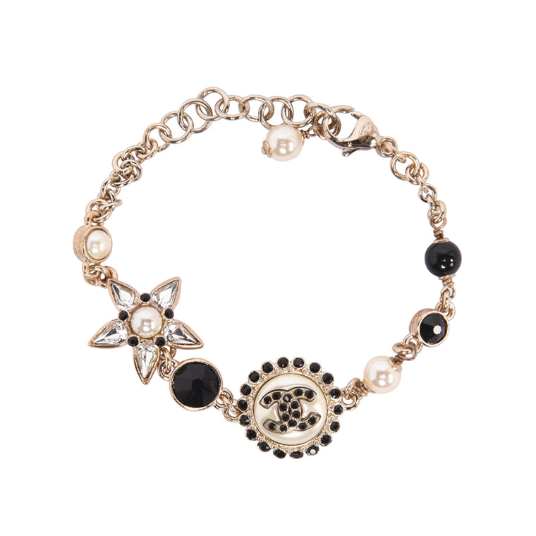 Chanel Gold Pearl & Crystal CC Flower Charm Bracelet
