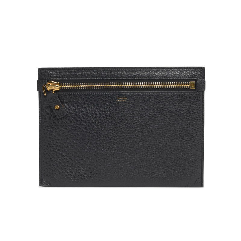 Tom Ford Black Grained Leather Flat Pouch - Blue Spinach