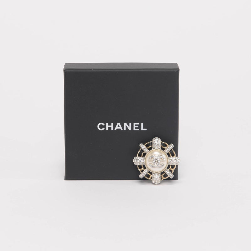 Chanel Crystal & Chain CC Brooch - Blue Spinach