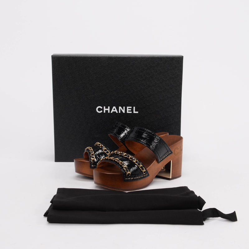 Chanel Black Leather Chain-Trim Wooden Sandals 35 - Blue Spinach