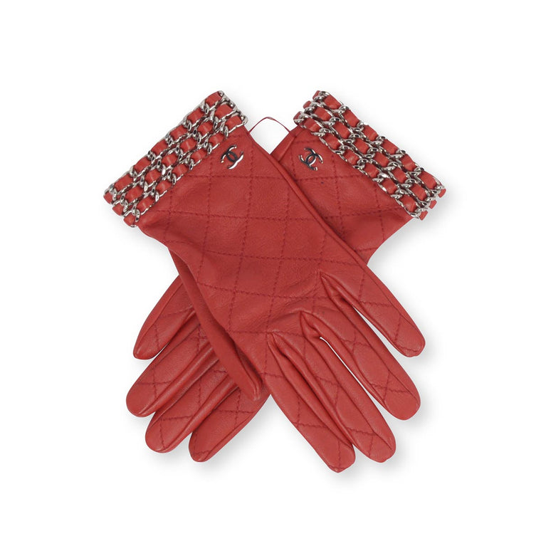 Chanel Red Quilted Lambskin CC Chain Gloves