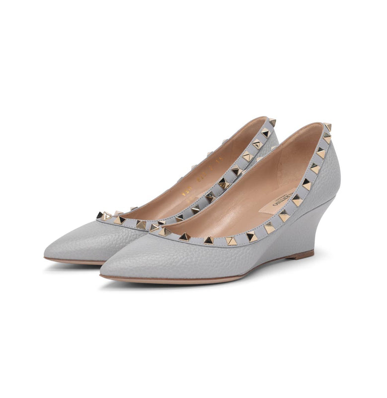 Valentino Grey Pebbled Leather Rockstud Wedges 35 - Blue Spinach