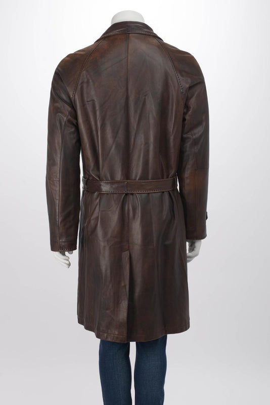 Zegna Brown Burnished Leather Belted Trench Coat 50 - Blue Spinach