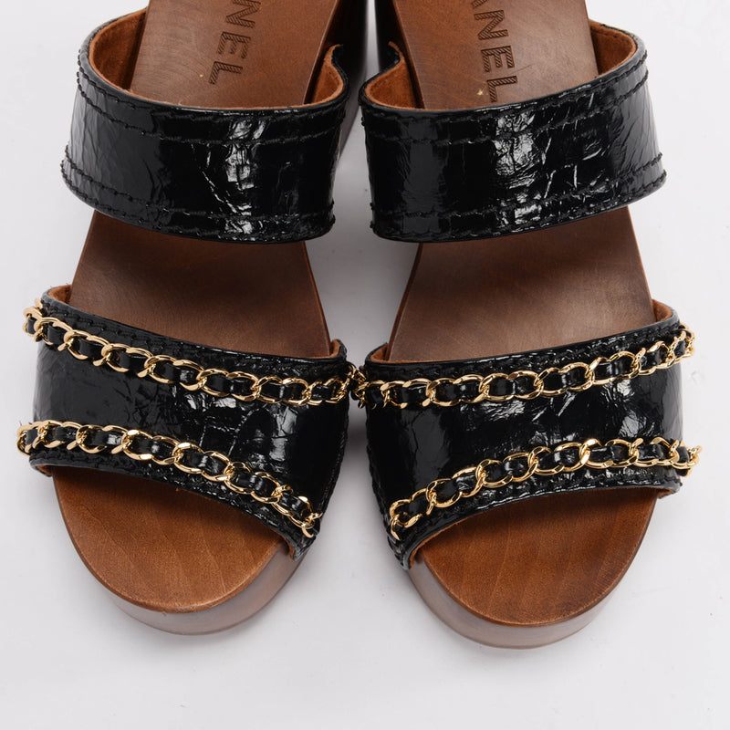 Chanel Black Leather Chain-Trim Wooden Sandals 35 - Blue Spinach