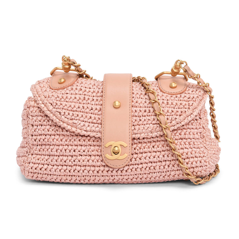 Chanel Pink Woven Raffia Single Flap Cross Body Bag