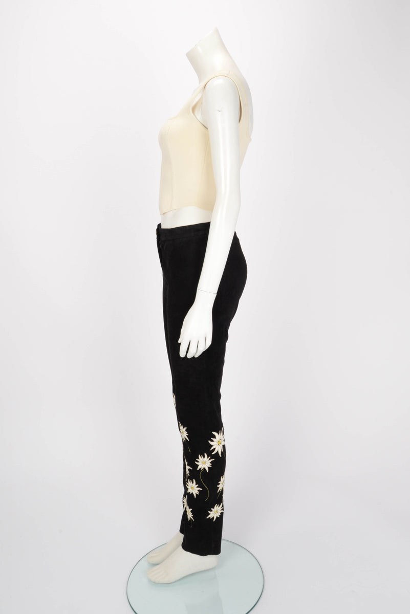 Chanel Black Suede Applique Flower Pants FR 40