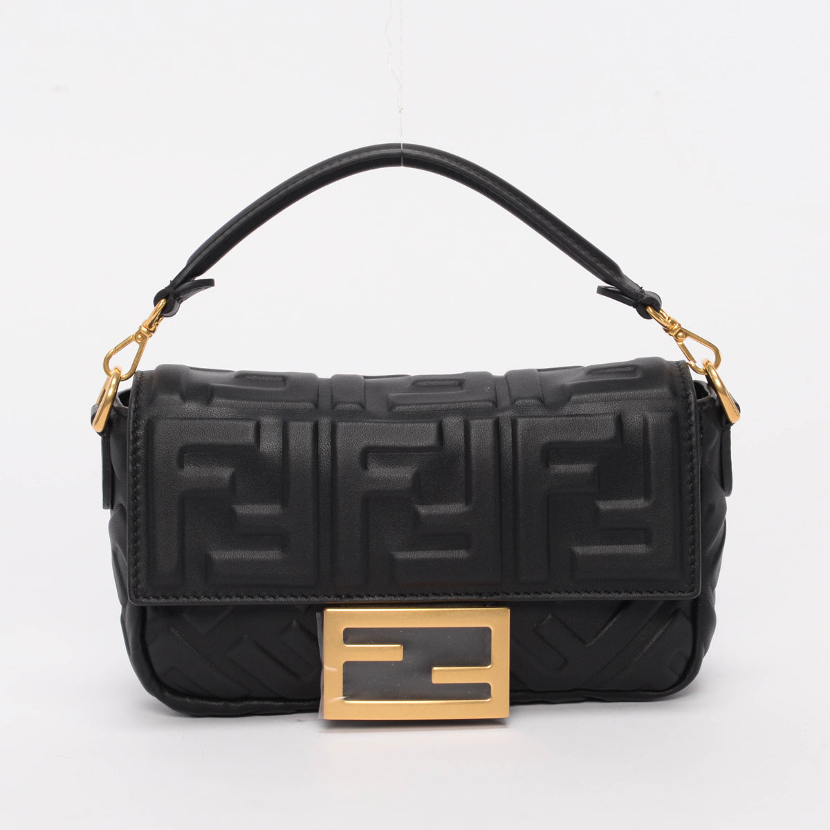 Fendi Black Nappa Leather FF Motif Mini Baguette