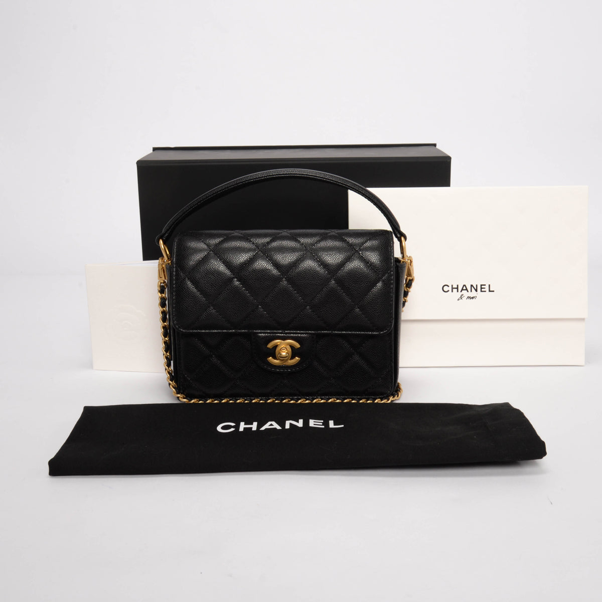 Chanel Black Quilted Caviar Flap Bag with Top Handle