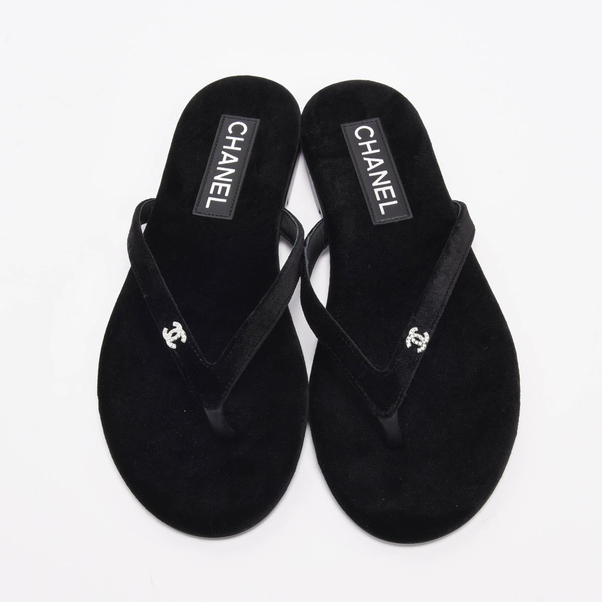 Chanel Black Velvet Crystal CC Thong Sandals 38.5
