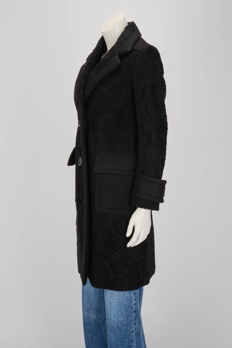 Miu Miu Black Wool Lace Overlay Coat IT 36