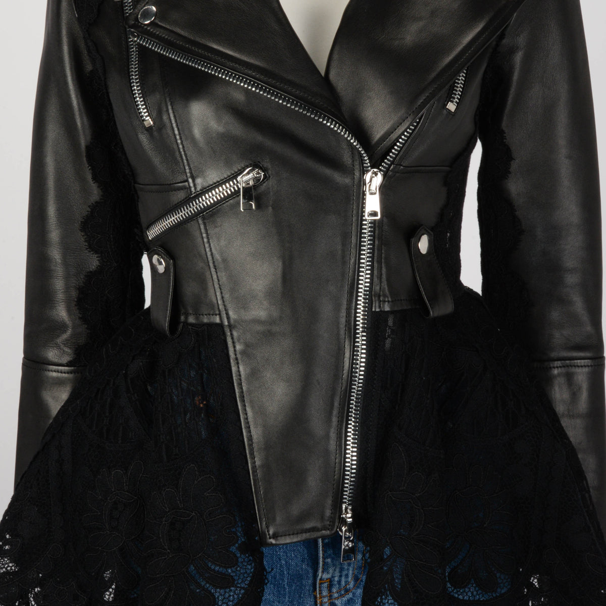 Alexander McQueen Black Leather & Lace Moto Jacket IT 40